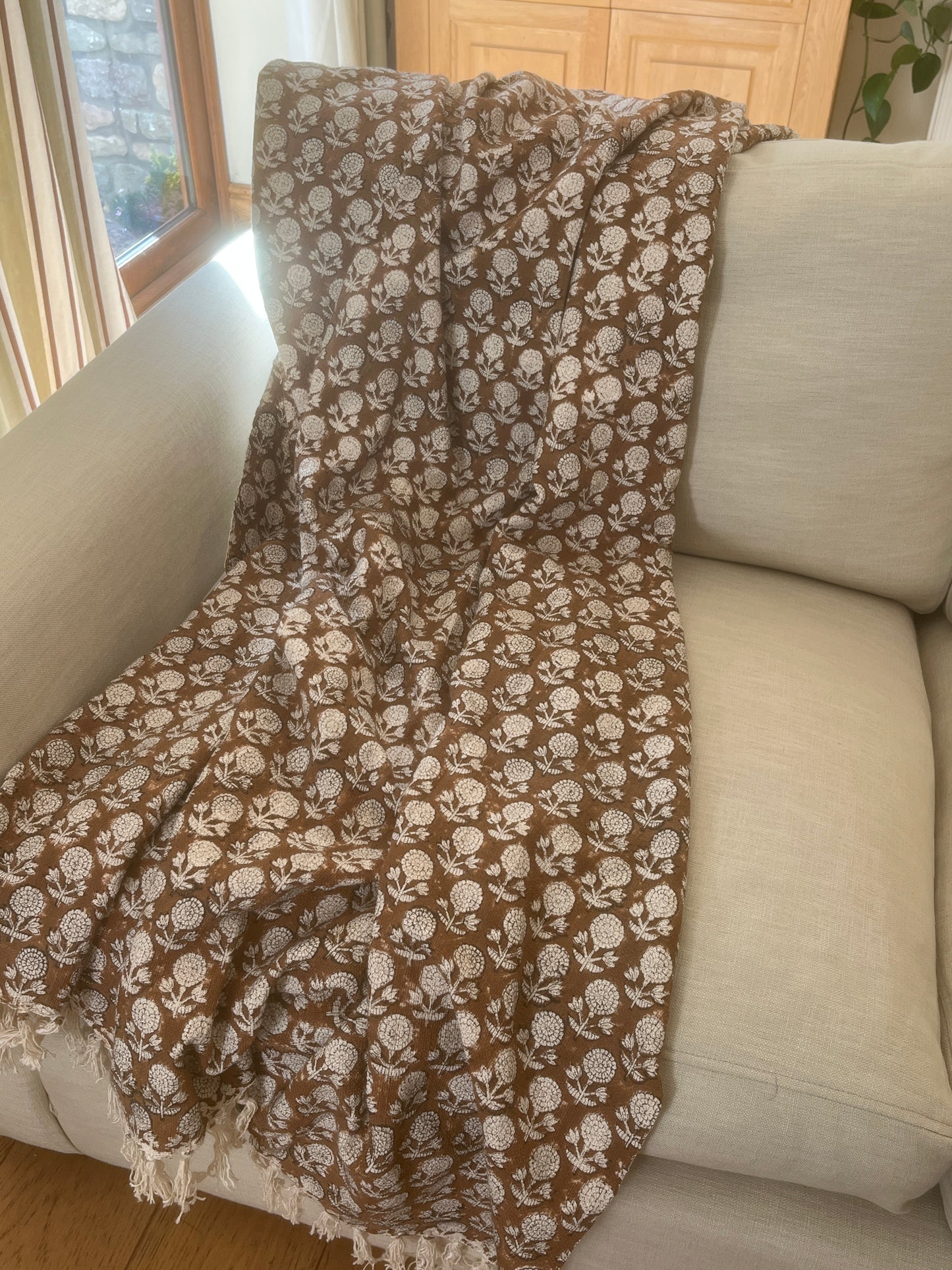 AURORA Hand Block Printed Throw - Brown/ Stone