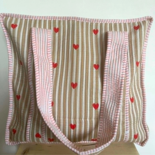 Beige Red Hearts Tote Bag