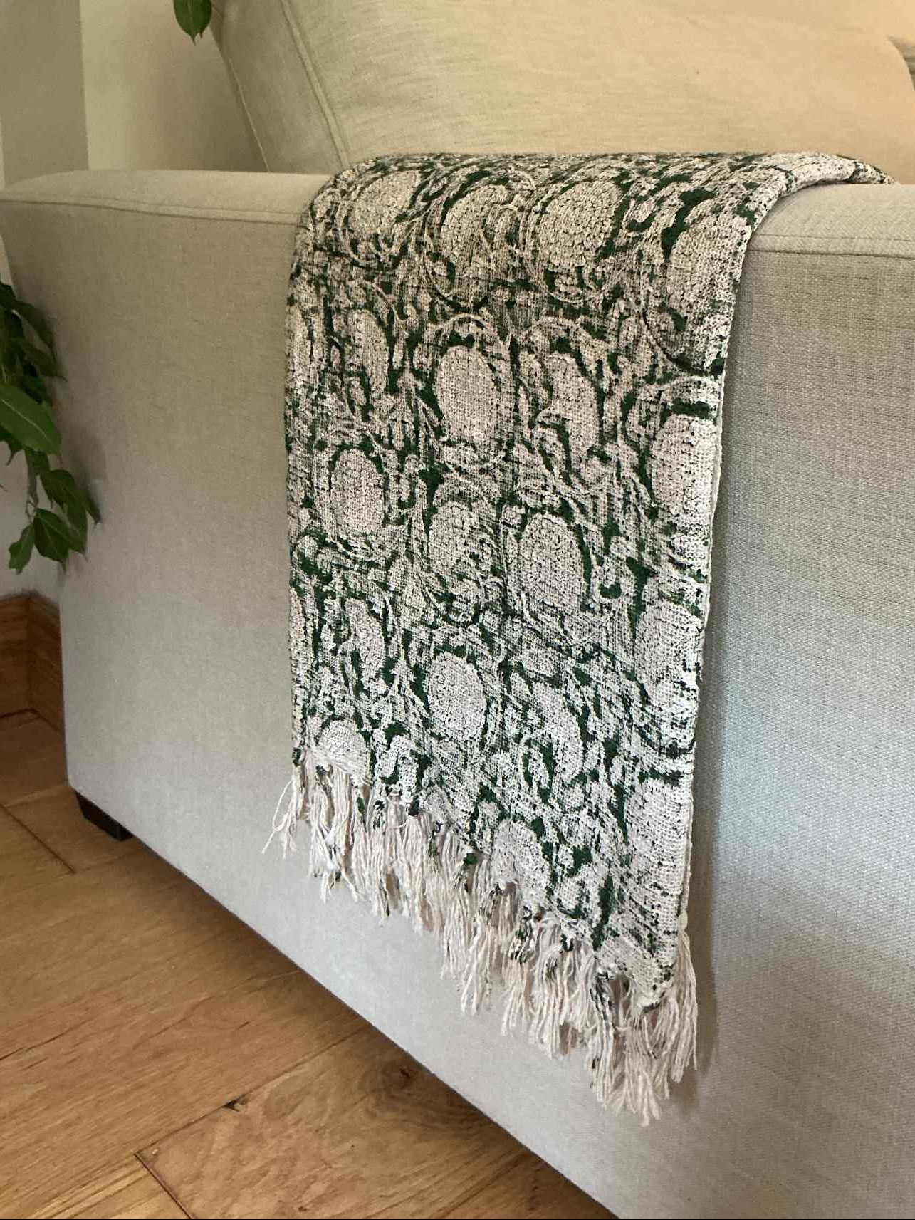 FLORA Rustic Hand Block Printed Throw - Forest Green
