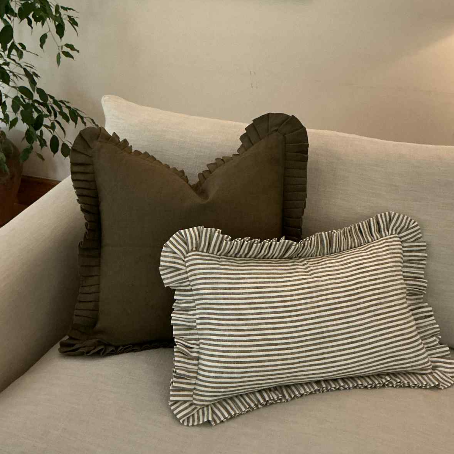 Olive Green Cushion with Frill - 100% Linen