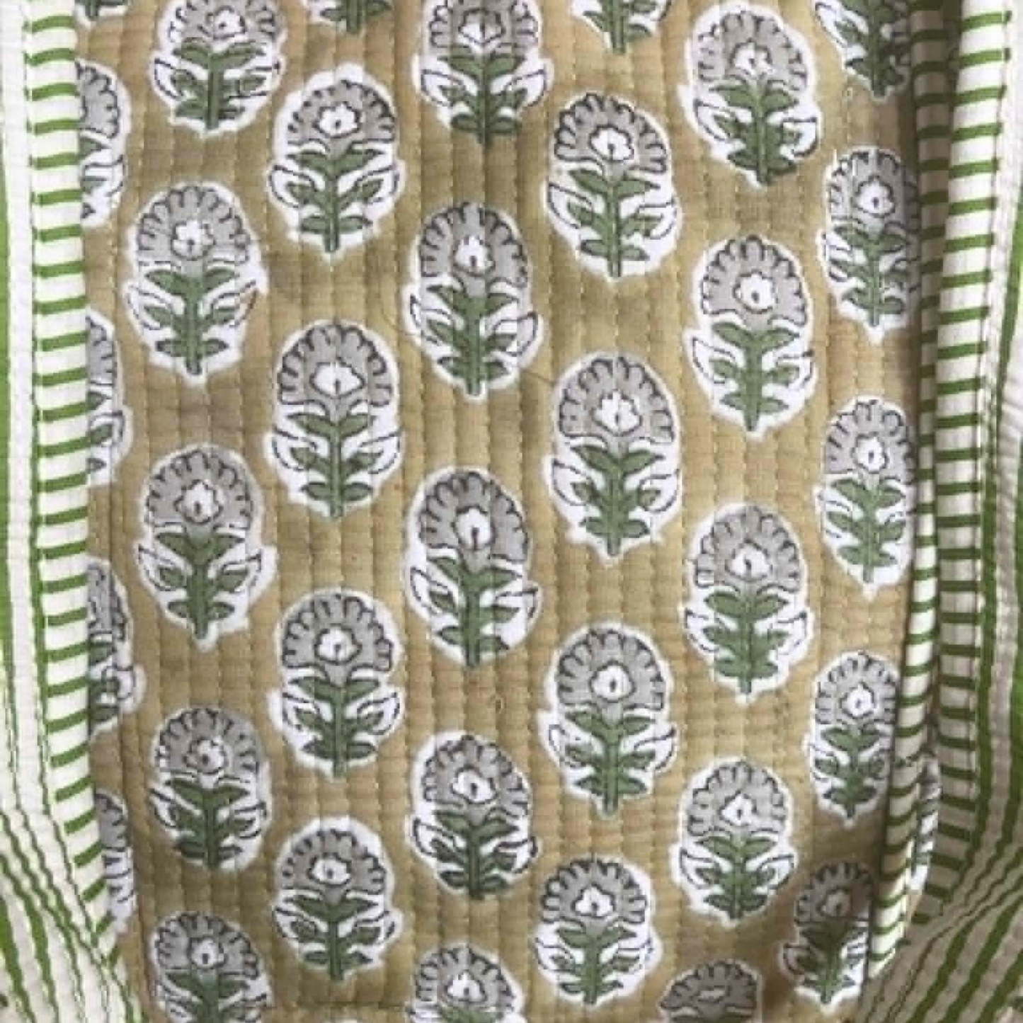 Khaki Floral Hand Block Print Tote Bag