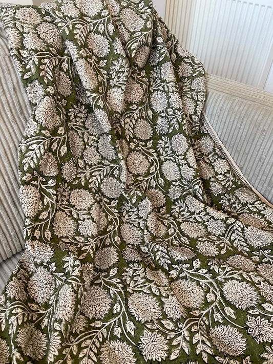EMILY Hand Block Printed Throw - Olive Green