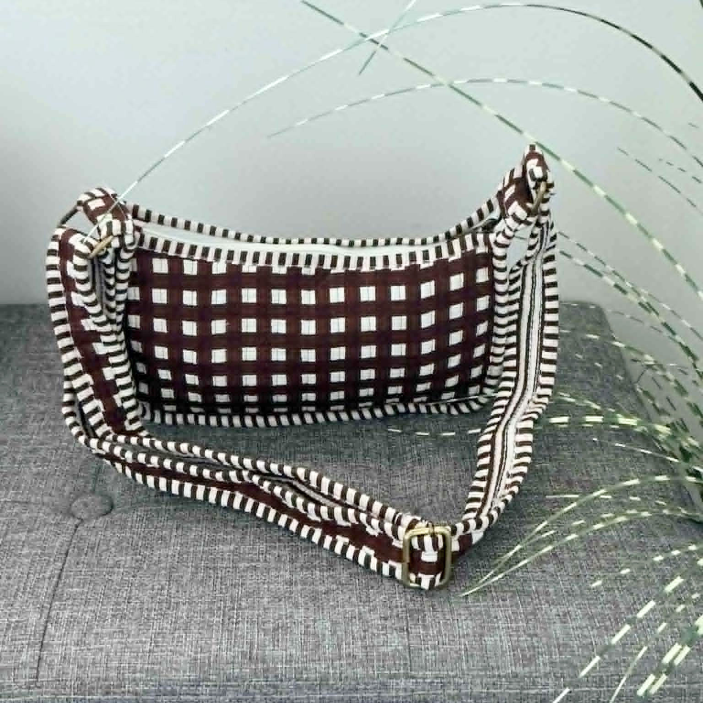 Dark Brown Gingham Mini Shoulder Tote Bag
