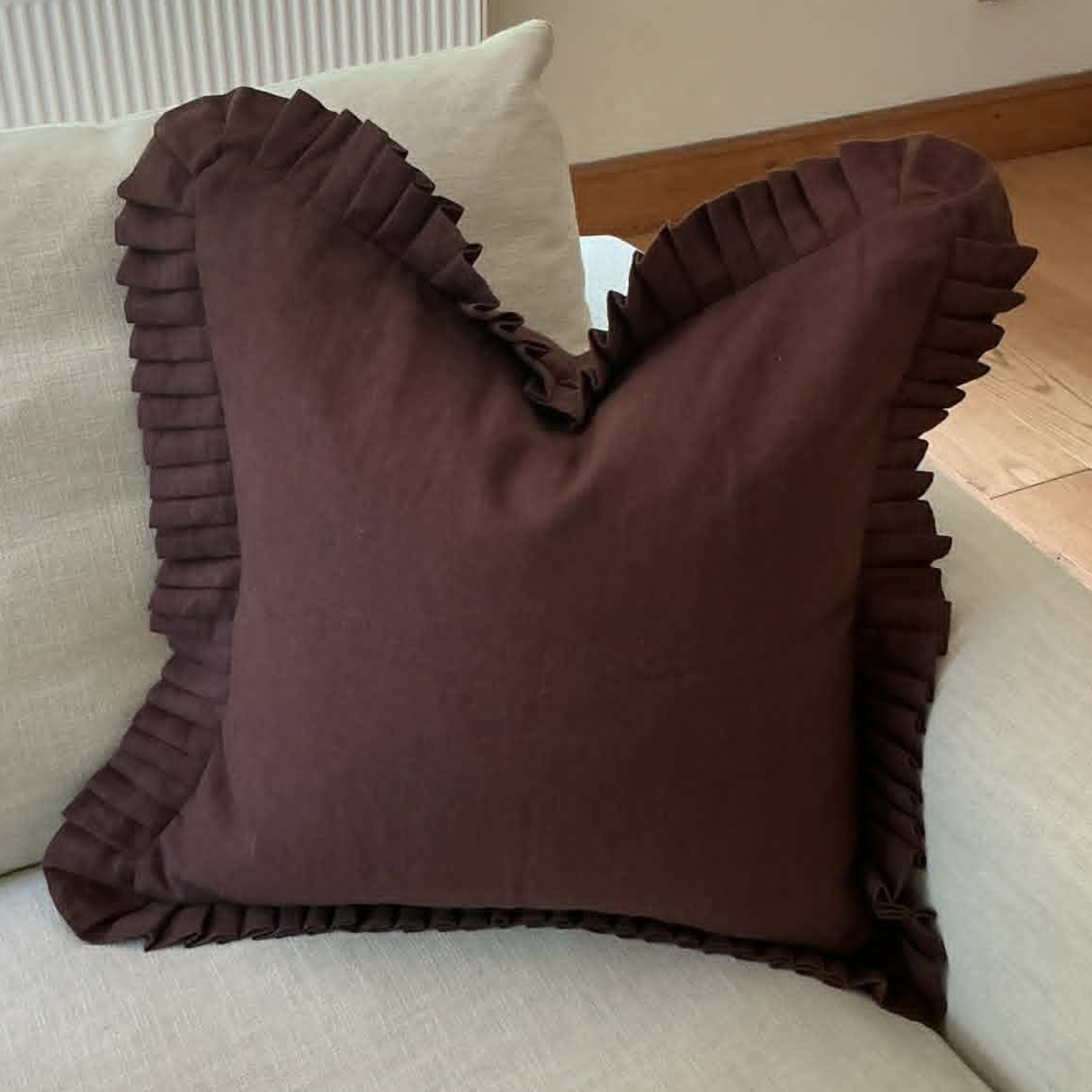 Dark Brown Cushion Cover with Frill – 100% Linen