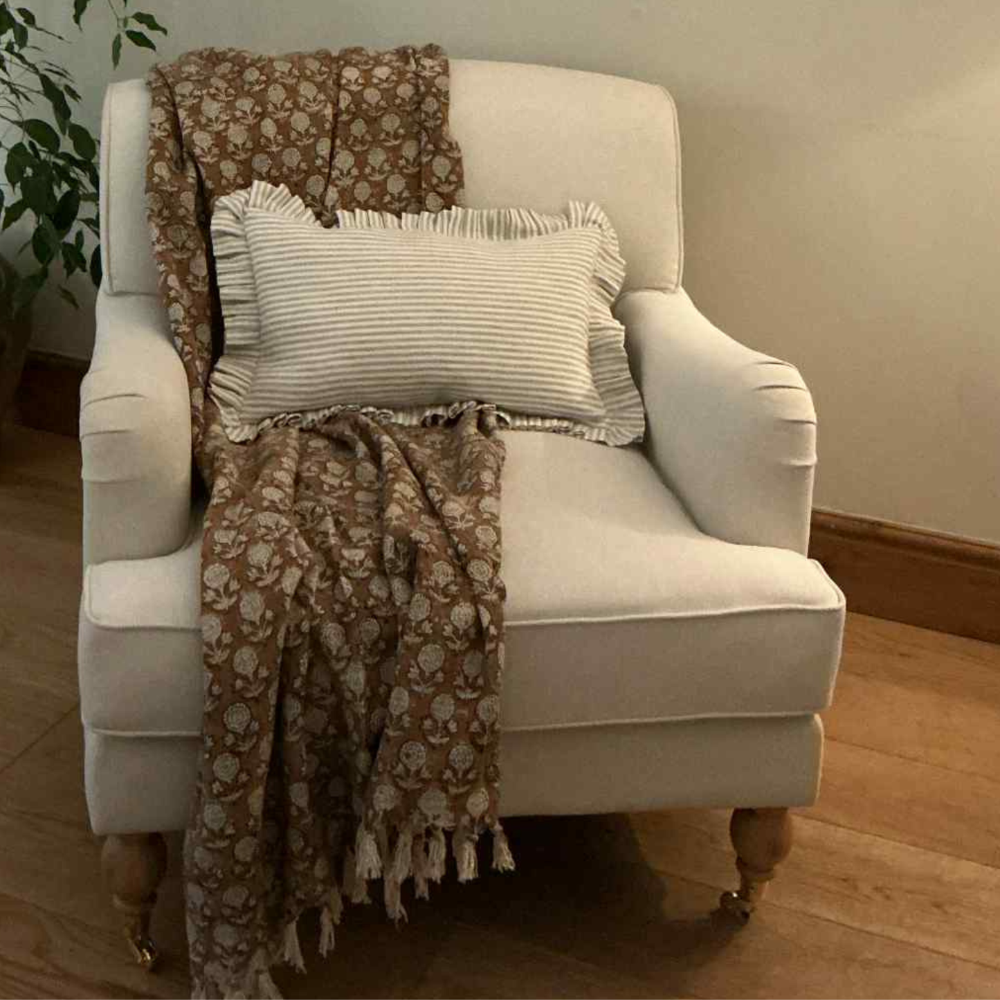 Natural Stripe Cushion with Frill - 100% Linen