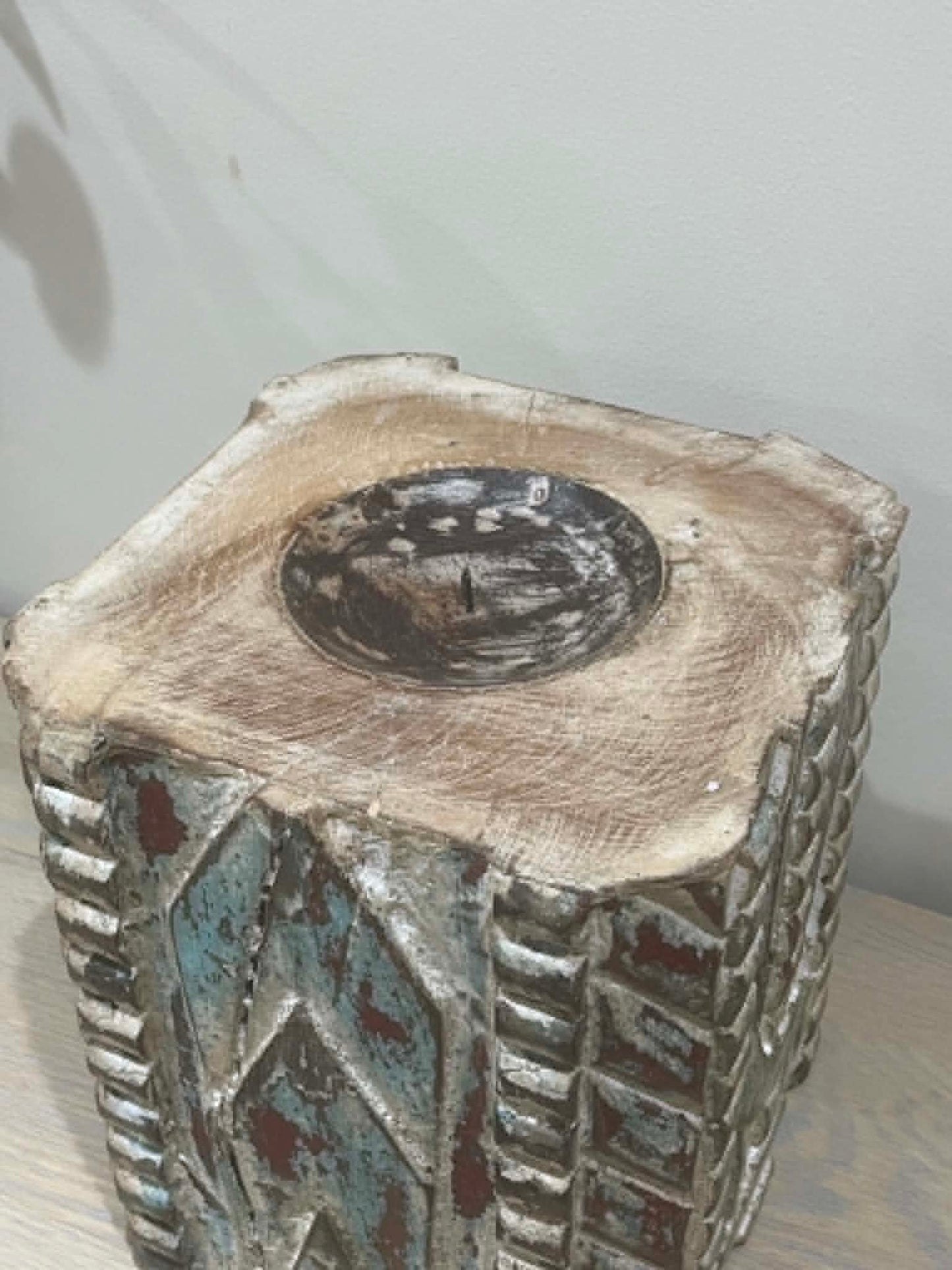 Large Salvaged Hand Carved Indian Pillar Candle Holder (I)