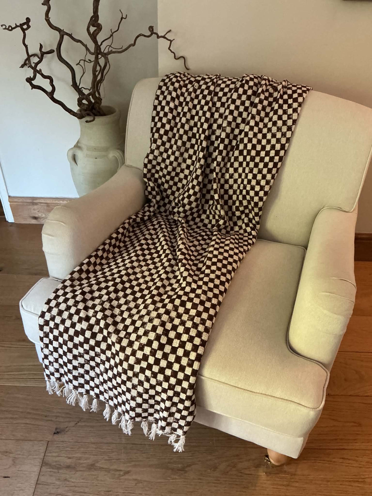 Ashwick Hand Block Printed Check Throw - Dark Brown