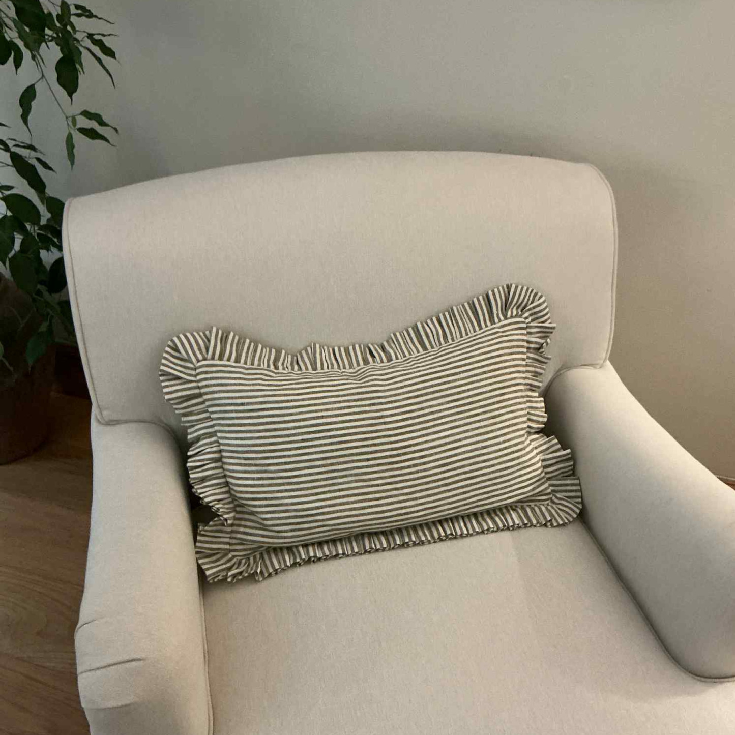 Olive Stripe Cushion with Frill - 100% Linen