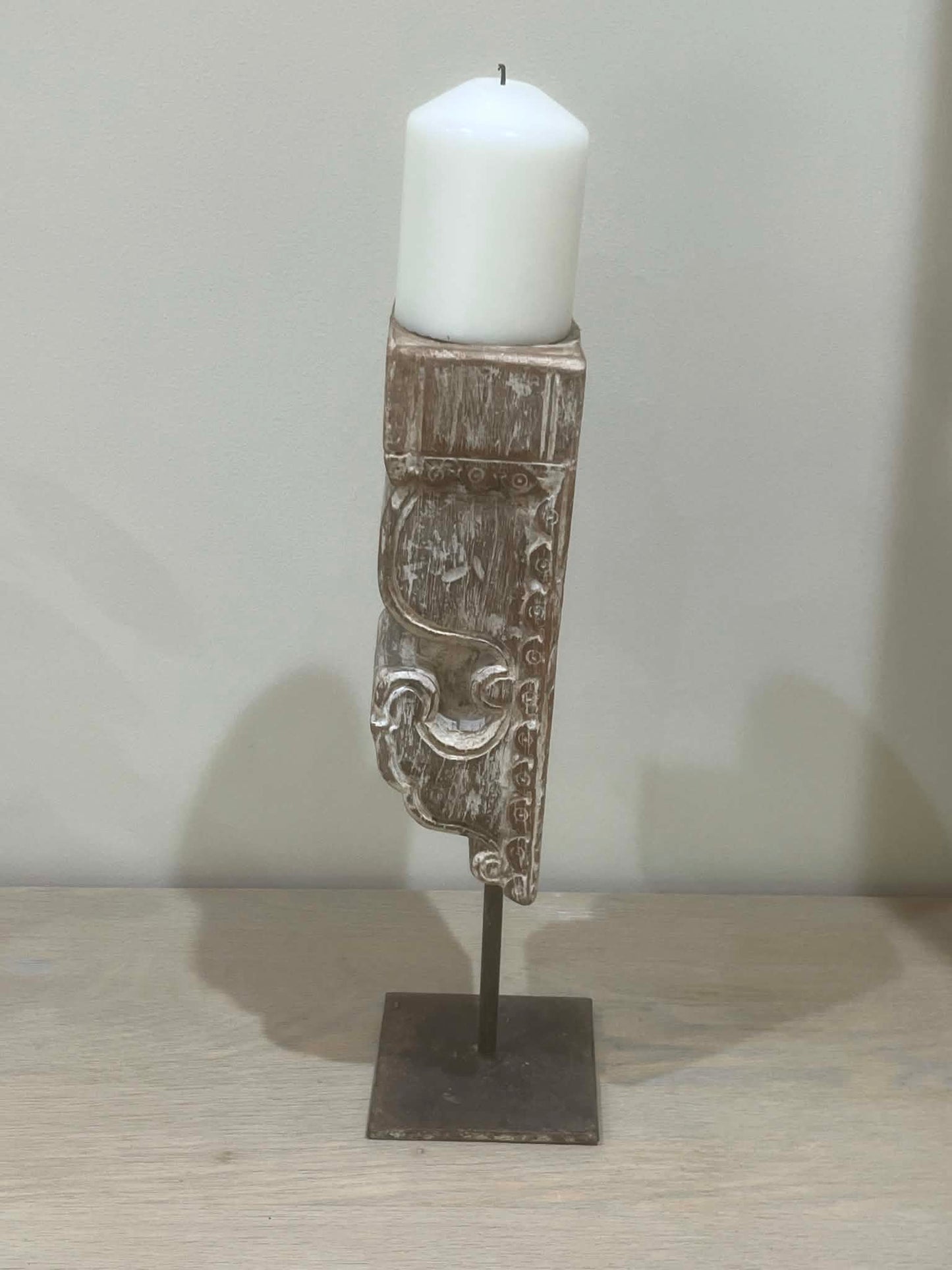 Salvaged Hand Carved Indian Pillar Candle Holder (H)