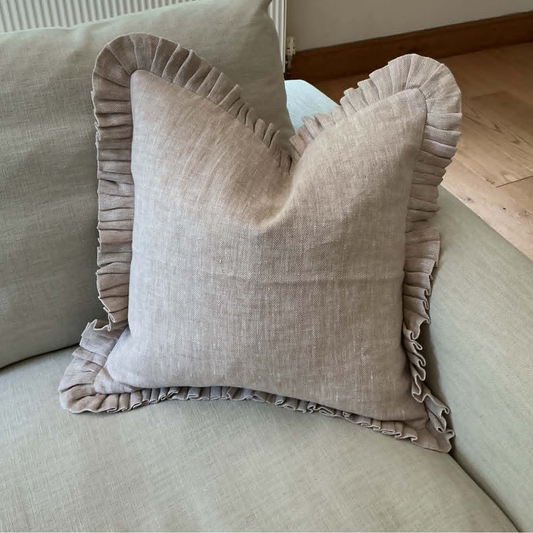 Beige Herringbone Cushion Cover with Frill – 100% Linen