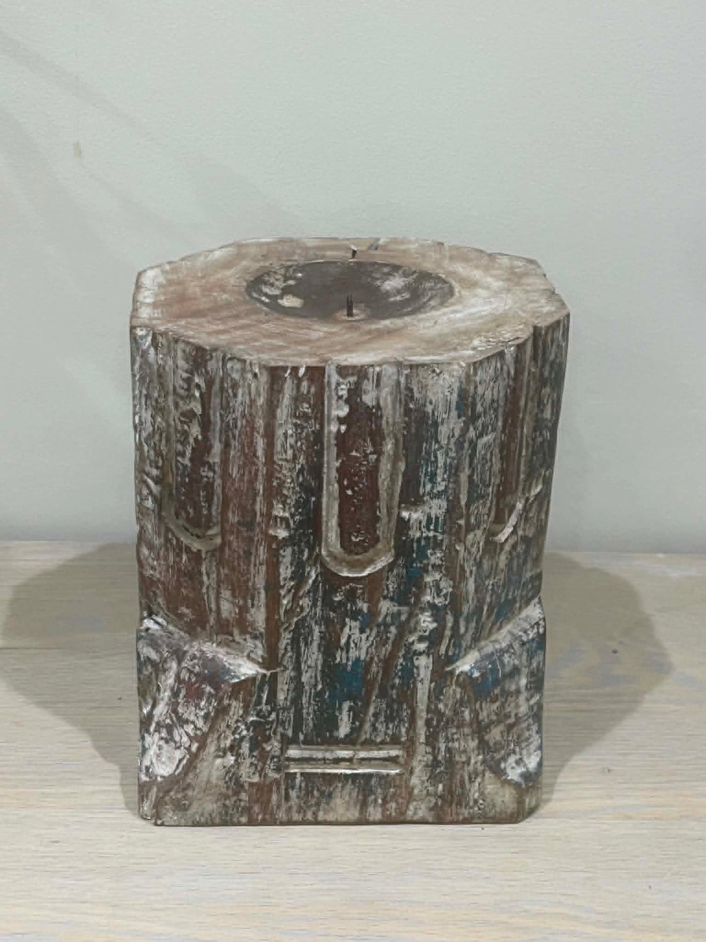 Large Salvaged Hand Carved Indian Pillar Candle Holder (H)