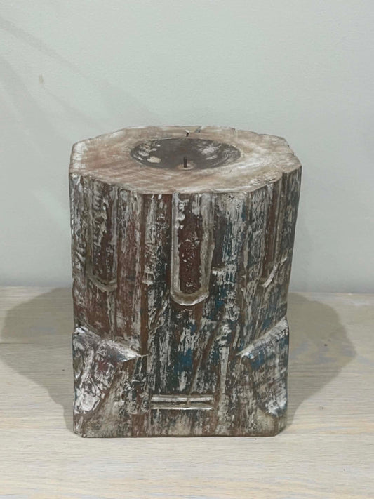 Large Salvaged Hand Carved Indian Pillar Candle Holder (H)