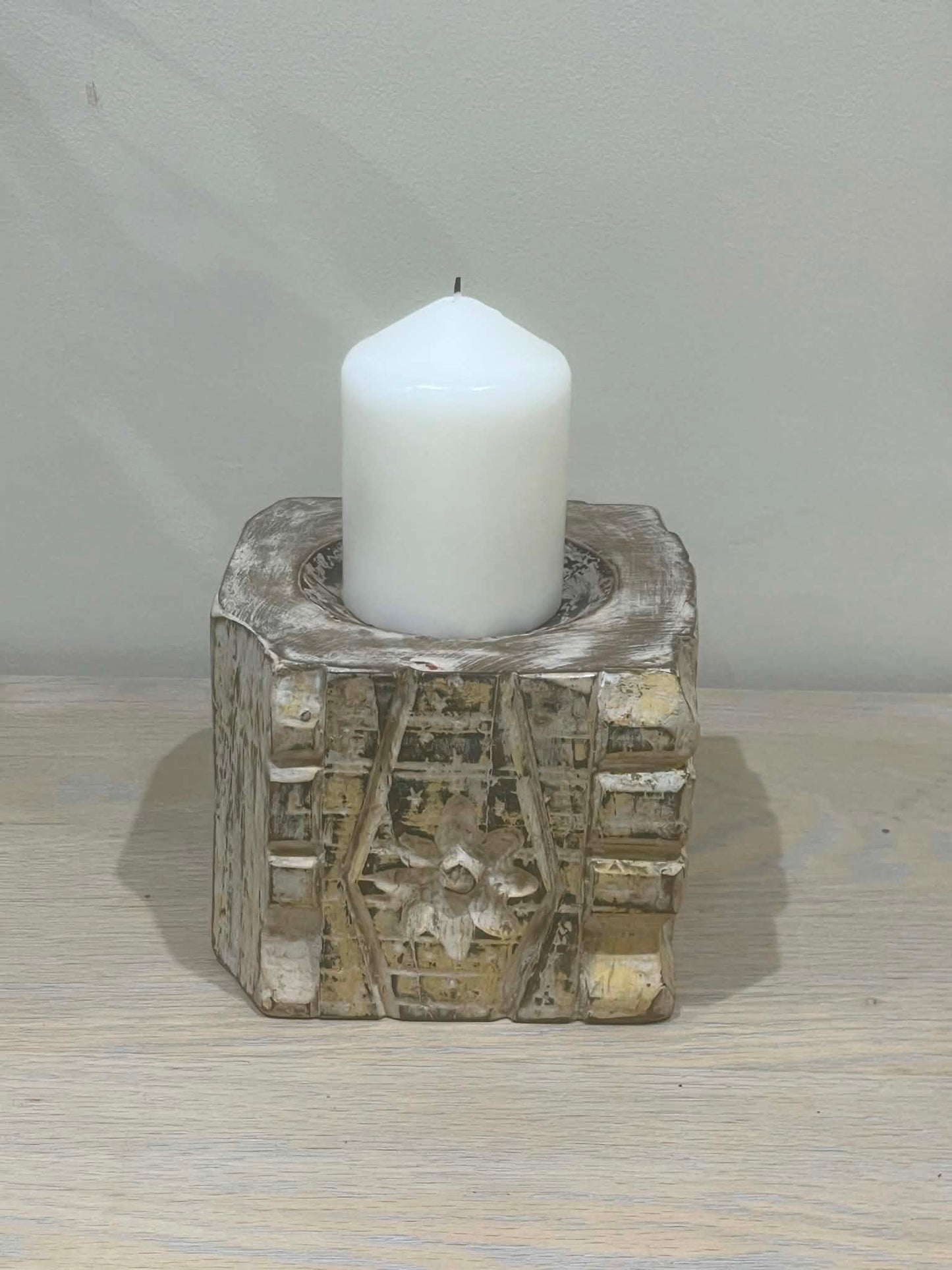Salvaged Hand Carved Indian Pillar Candle Holder (D)