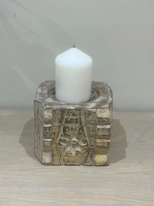 Salvaged Hand Carved Indian Pillar Candle Holder (D)