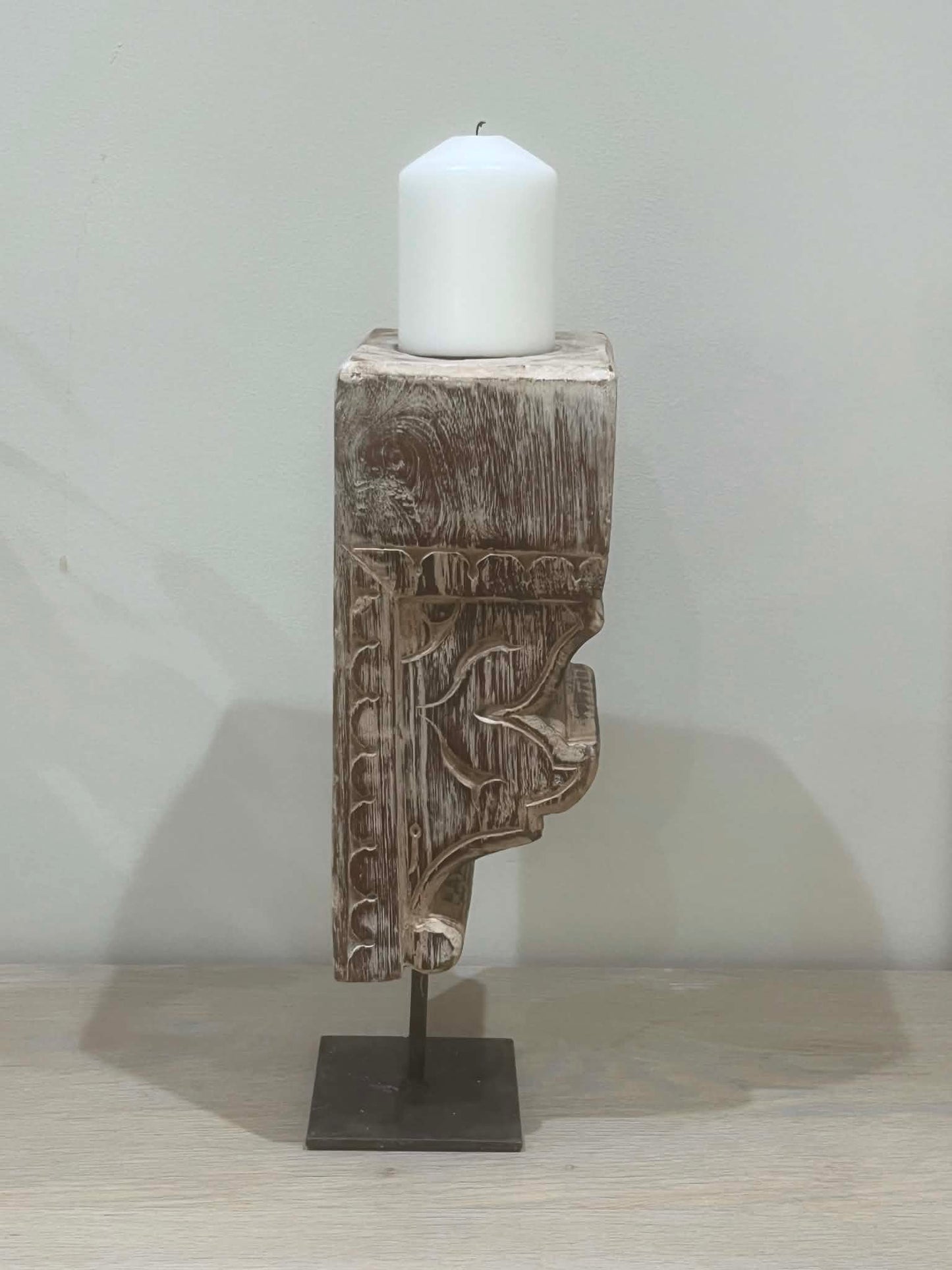 Salvaged Hand Carved Indian Pillar Candle Holder (C)