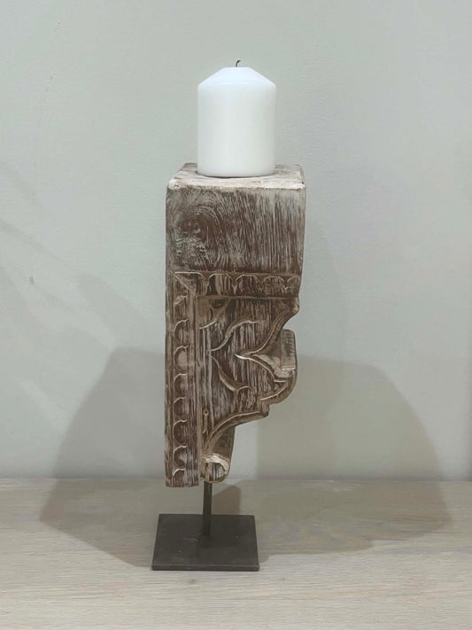 Salvaged Hand Carved Indian Pillar Candle Holder (C)