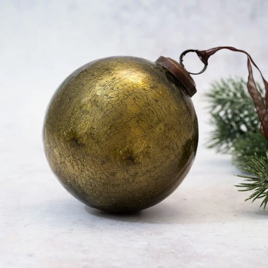 Large Olive Green Crackle Glass Bauble