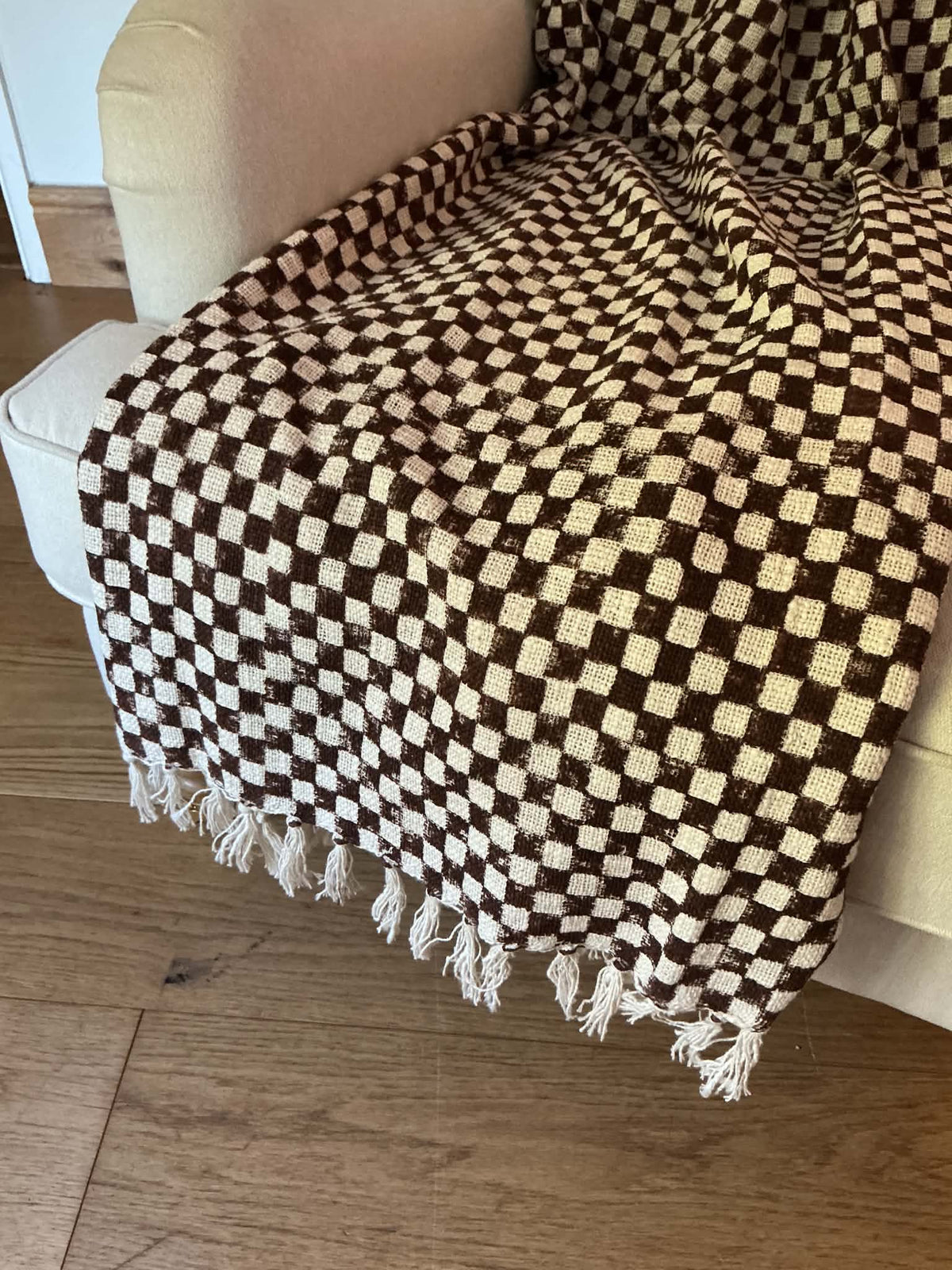 Ashwick Hand Block Printed Check Throw - Dark Brown