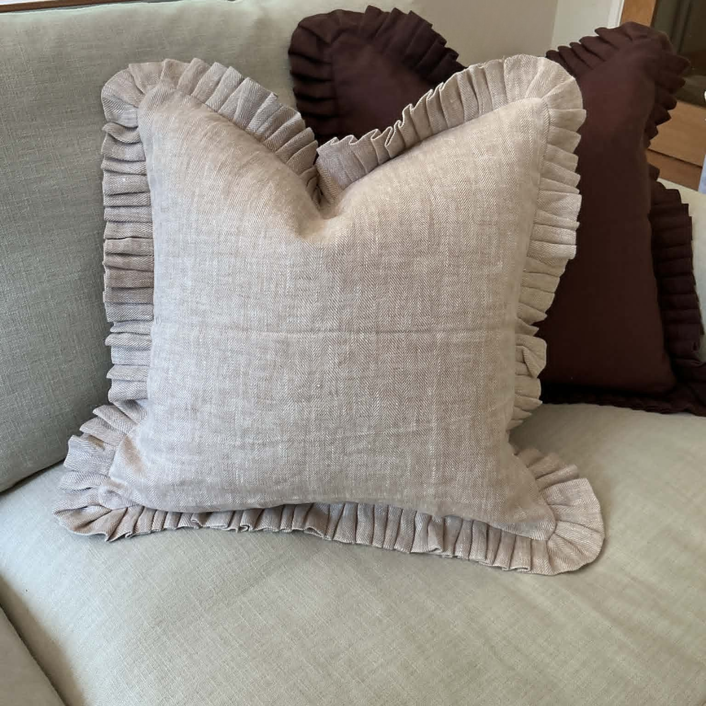 Beige Herringbone Cushion Cover with Frill – 100% Linen