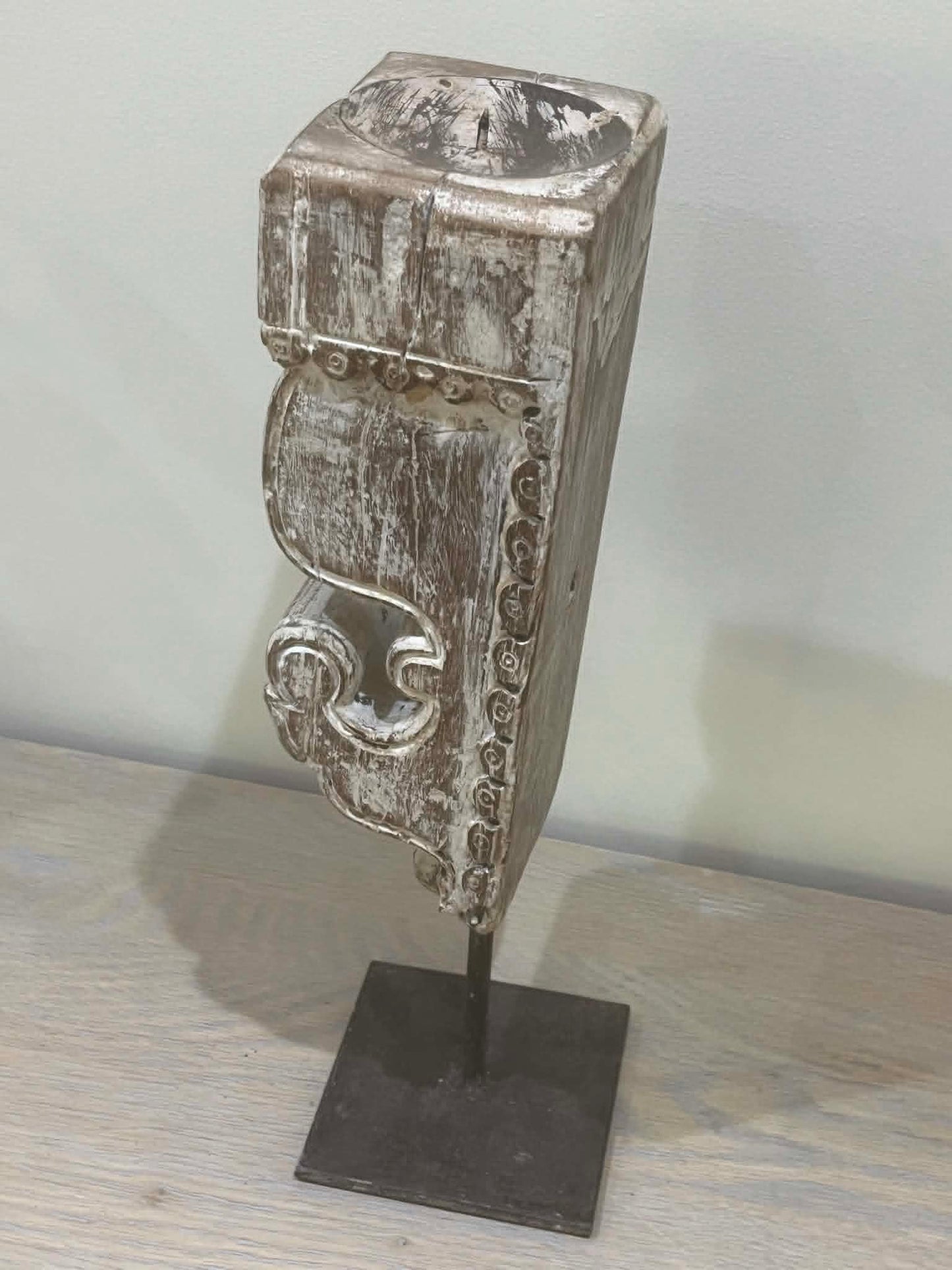 Salvaged Hand Carved Indian Pillar Candle Holder (H)