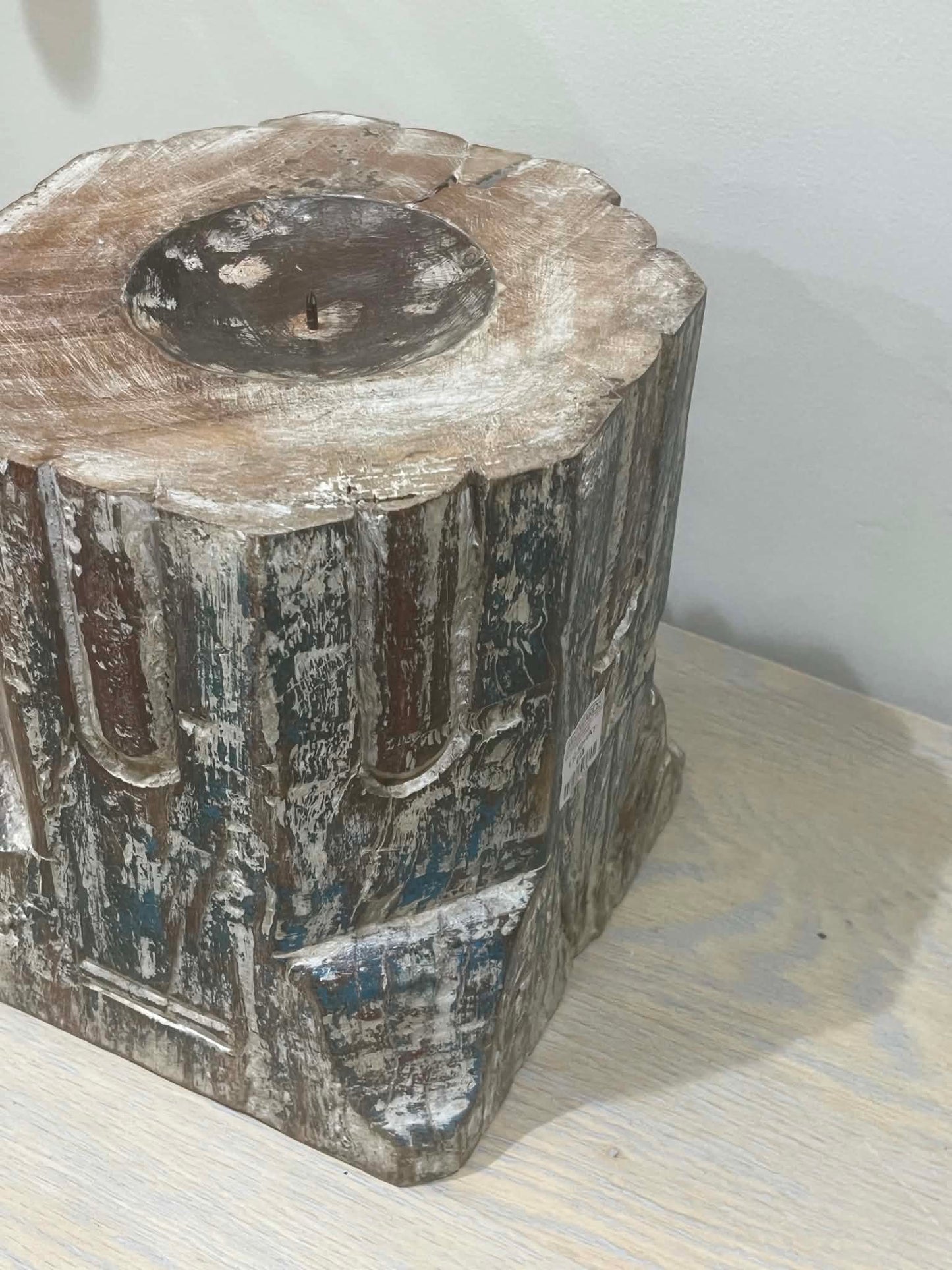 Large Salvaged Hand Carved Indian Pillar Candle Holder (H)