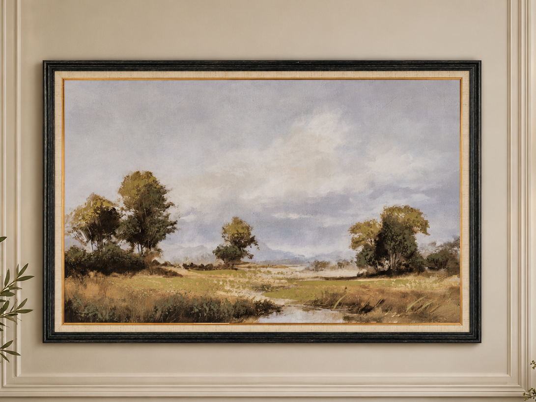 A framed landscape painting of a grassy field with trees and a stream under a cloudy sky, displayed on a cream wall above a dark wood console table with decorative plants and books.