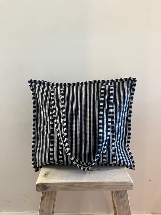 MAY Hand Block Printed Tote Bag - Black & White Stripe