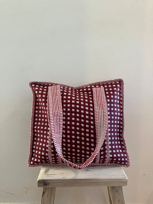 MULBERRY CHECK Hand Block Printed Tote Bag