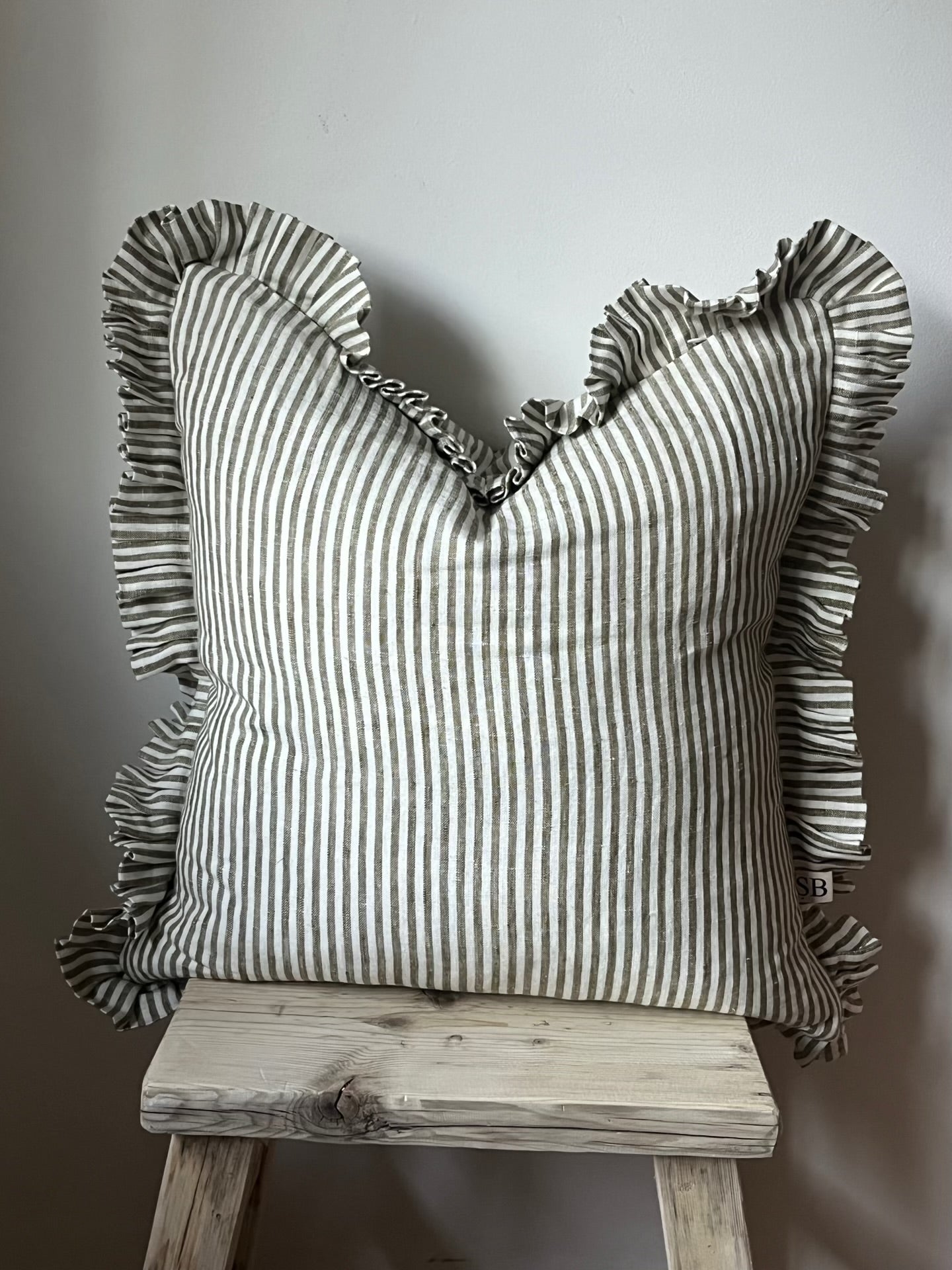 Olive Stripe Cushion with Frill – 100% Linen