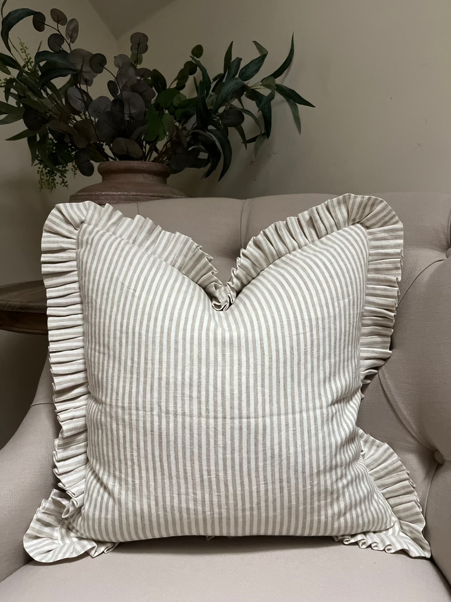 Natural Stripe Cushion with Frill – 100% Linen