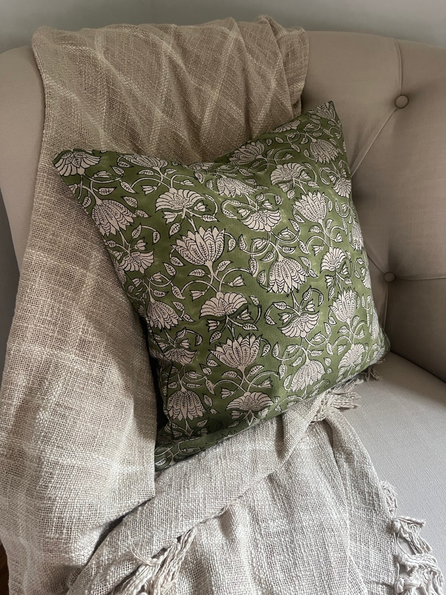 SHREYA Hand Block Cushion - Olive/ Stone