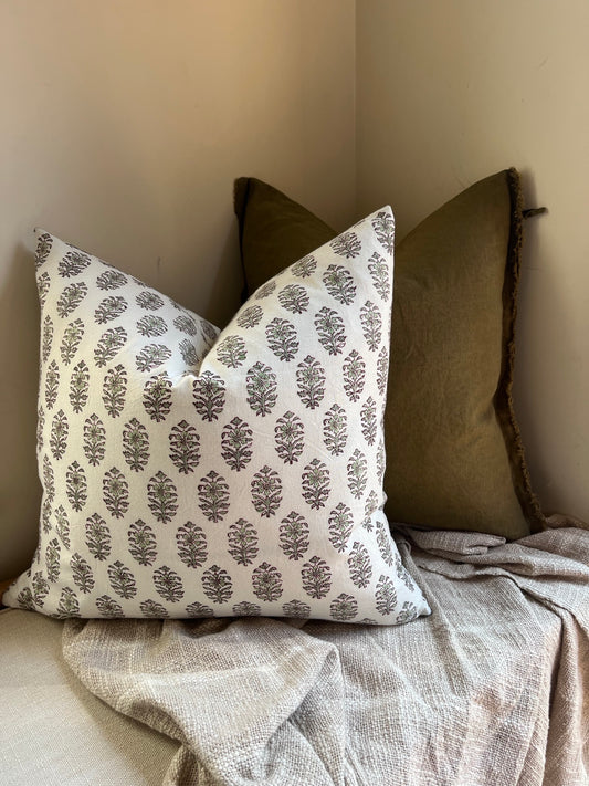 HANA Hand Block Printed Cushion - Green/ White