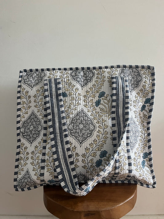 IRIS Hand Block Printed Tote Bag - Grey