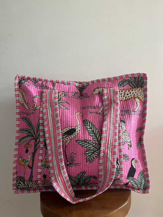 HALLIE Hand Block Printed Tote Bag - Pink Safari