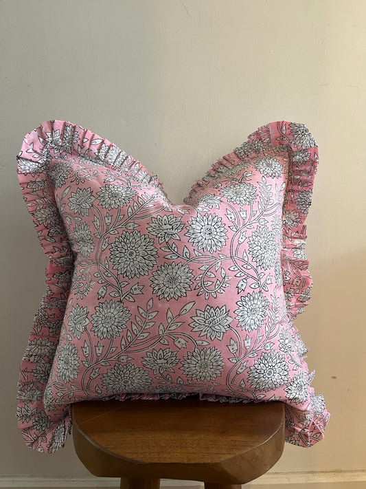 HATTIE Hand Block Print Floral Cushion - Pink