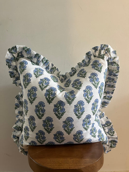 Florina Hand Block Print Floral Cushion - Blue