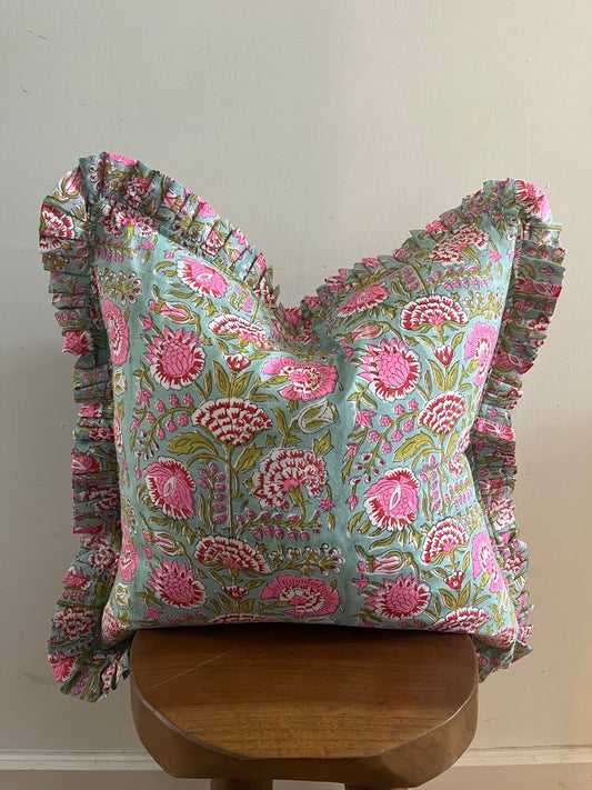 AMANI Hand Block Print Floral Cushion - Green/ Pink