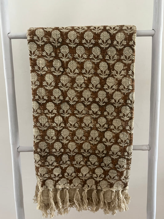 AURORA Hand Block Printed Throw - Brown/ Cream