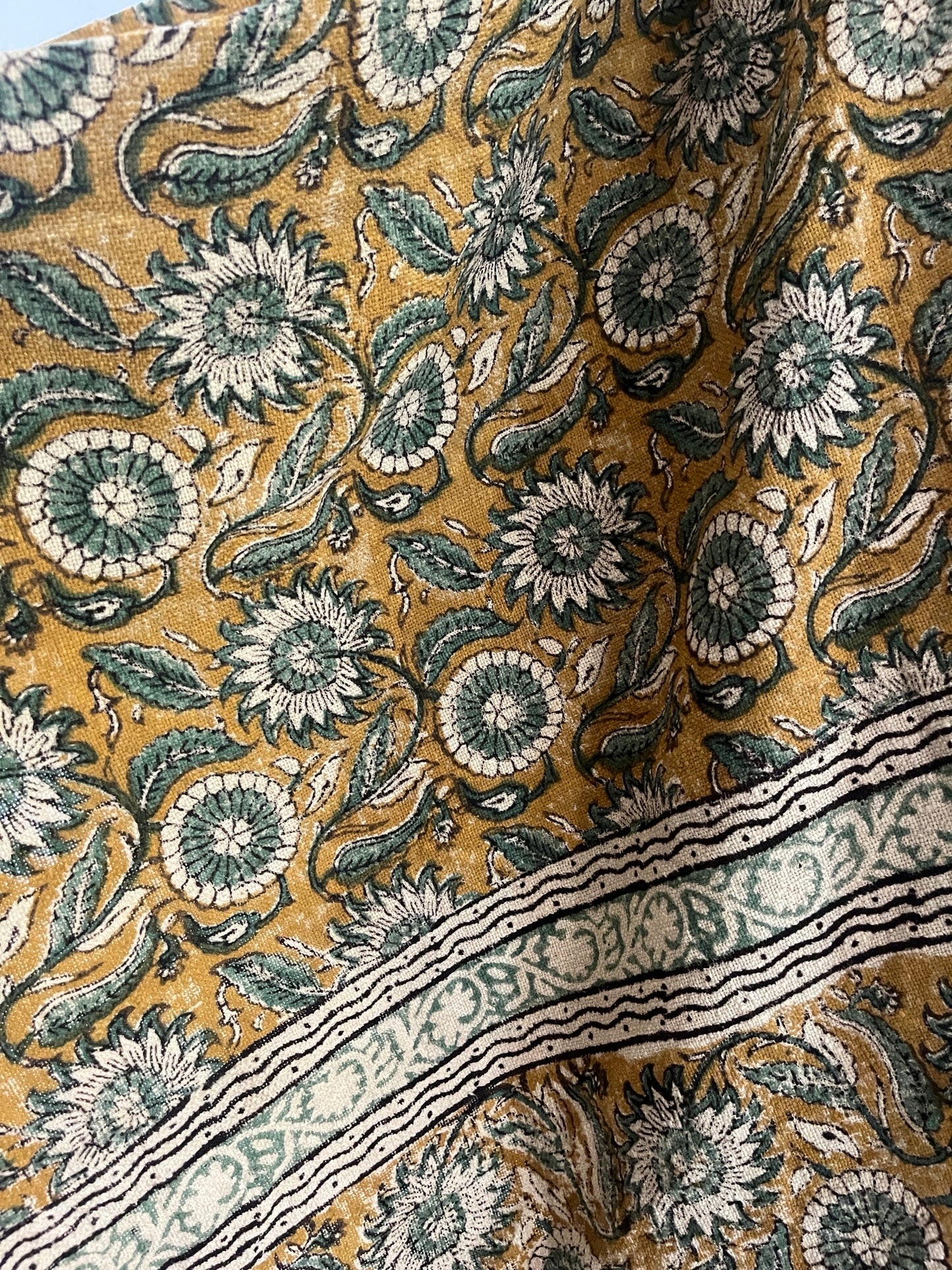 SUNDRA Hand Block Printed Throw - Mustard/ Sea Green