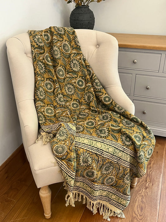 SUNDRA Hand Block Printed Throw - Mustard/ Sea Green