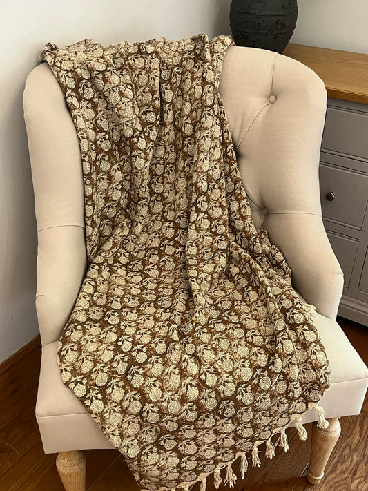 AURORA Hand Block Printed Throw - Brown/ Stone