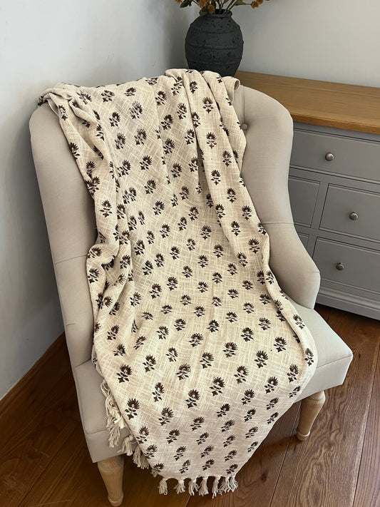 LARA Hand Block Printed Throw - Brown/ Cream