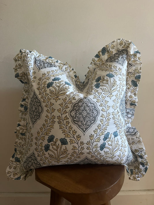 Iris Hand Block Print Floral Cushion - Grey