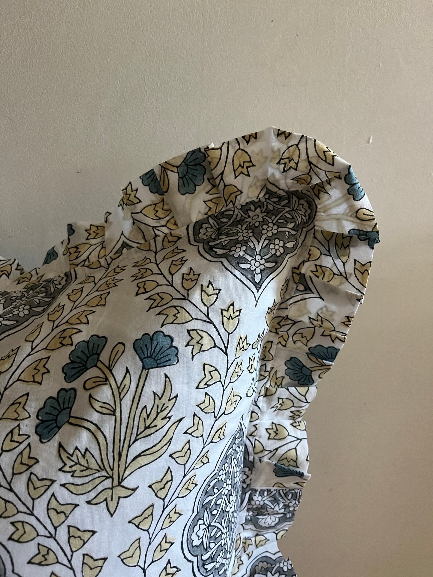 Iris Hand Block Print Floral Cushion - Grey
