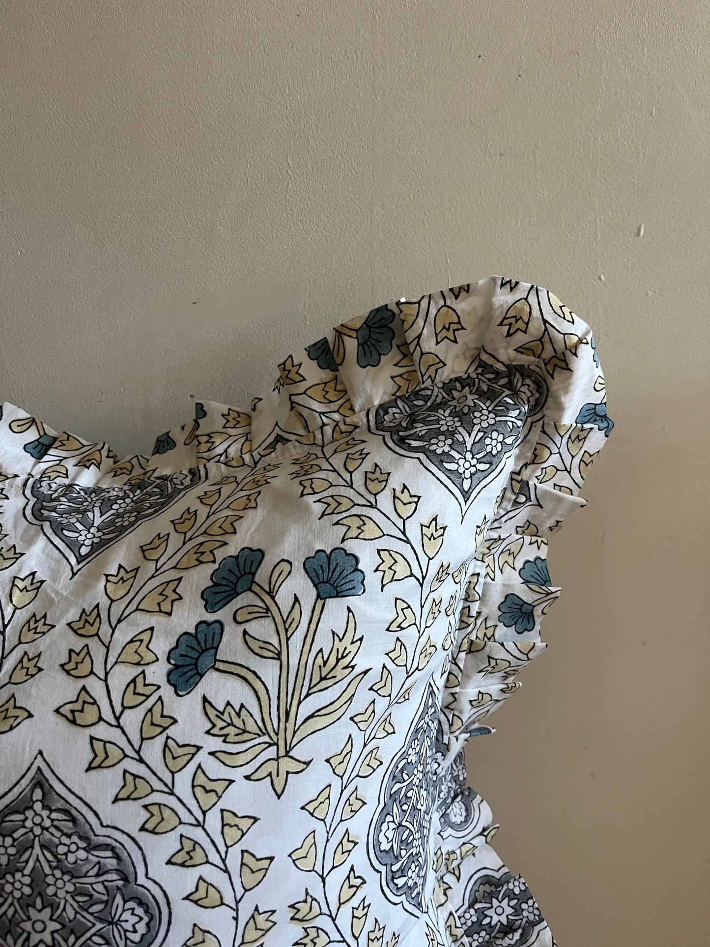 Iris Hand Block Print Floral Cushion - Grey