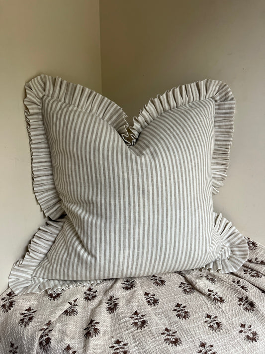 Natural Stripe Cushion with Frill – 100% Linen