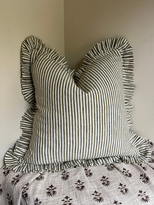 Woodland Stripe Cushion with Frill – 100% Linen