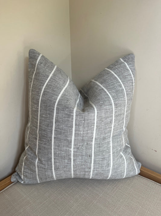 Grey & White  Stripe Cushion – 100% Linen