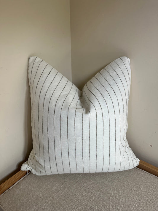 White & Olive Stripe Cushion – 100% Linen