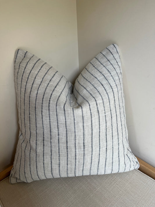 Grey & Navy  Stripe Cushion – 100% Linen